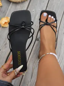 Women's Summer Flat Sandals, Square Toe Design, Strap Detail, Comfortable Slip-On, Casual Wear, PU Leather, Rubber Sole, Footwear