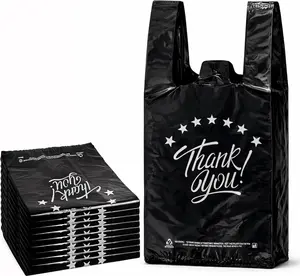 New Deal] Black Thank you T shirt bag, Grocery shopping bag Reusable and Disposable Supermarket Bag 11''x6''x21'' 100PCS