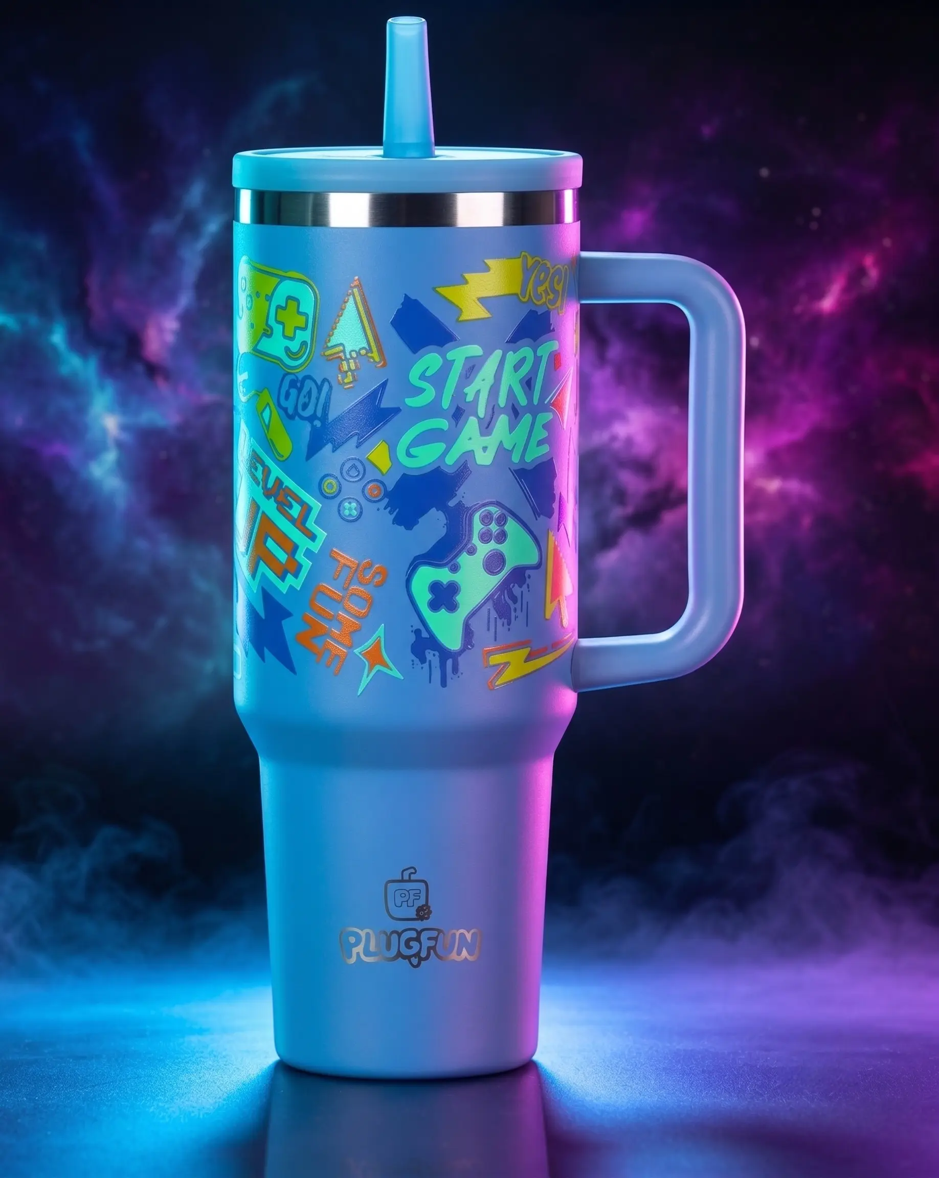 PLUGFUN 40oz Glow in the Dark Tumbler with Handle, Double Wall Vacuum Insulated Stainless Steel Travel Mug with Straw and Lid, Leakproof Large Capacity Water Bottle, Car Cup Holder Friendly for Home, Travel, Camping and Gym, Perfect Gift for Men and Women
