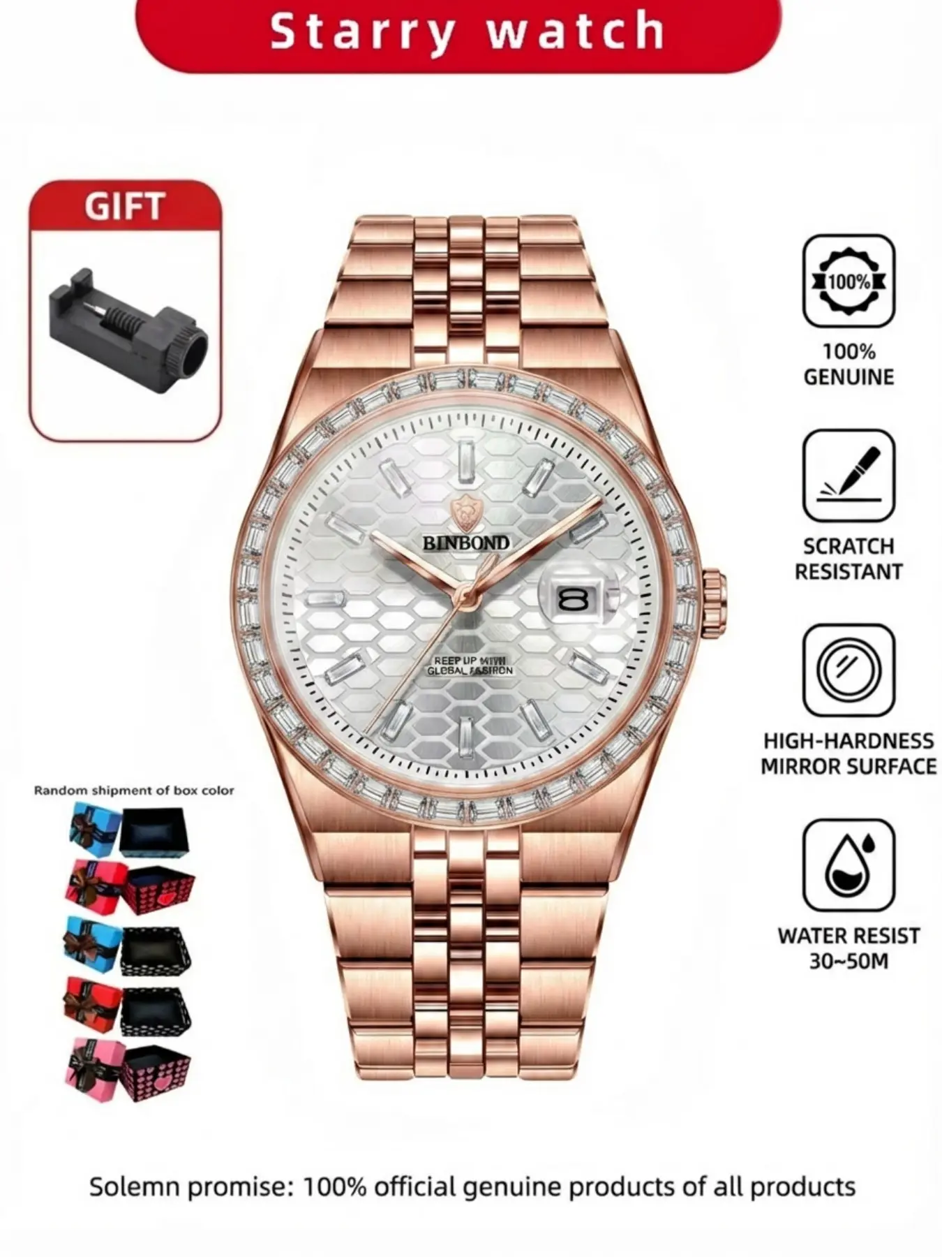 Men's Rose Steel Strap Luxury Business Watch, Feng Shui Diamond Calendar, Casual Quartz Wristwatch, Elegant Timepiece