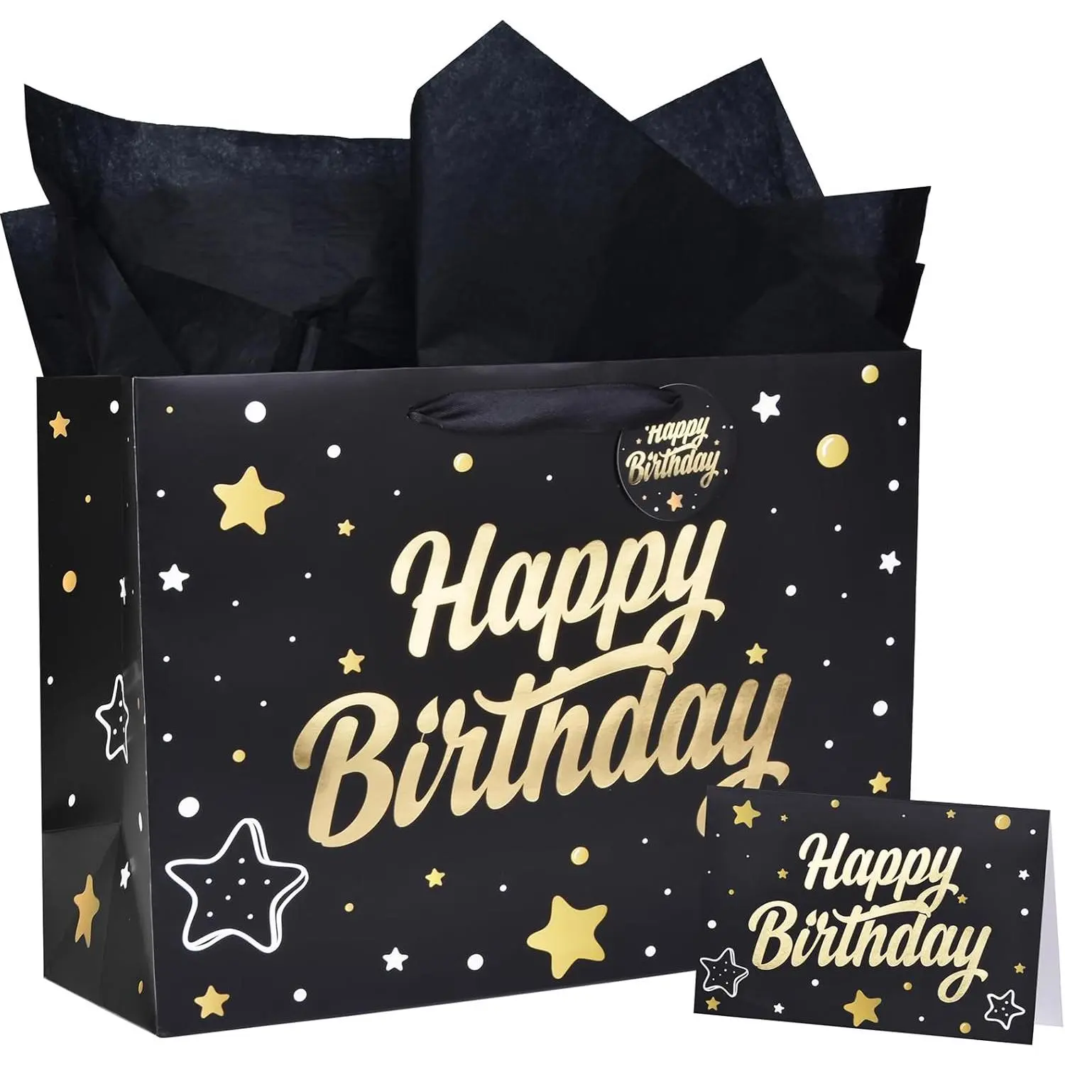 14'' Durable Synthetic Foil Happy Birthday Gift Bag with Tissue Paper, Card, Envelope, Tag - Office Stationery & Wrapping Supplies for Eye-Catching Gifting to Family, Adult, Child, Party Favor Bags, Goody Bags