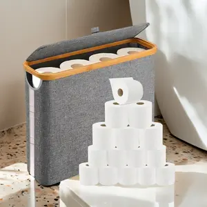 26L Toilet Paper Storage Basket with Lid for Bathroom Foldable Standing Organizer Holds 9-12 Rolls Water-Resistant Sturdy Structure Ideal for Home Use