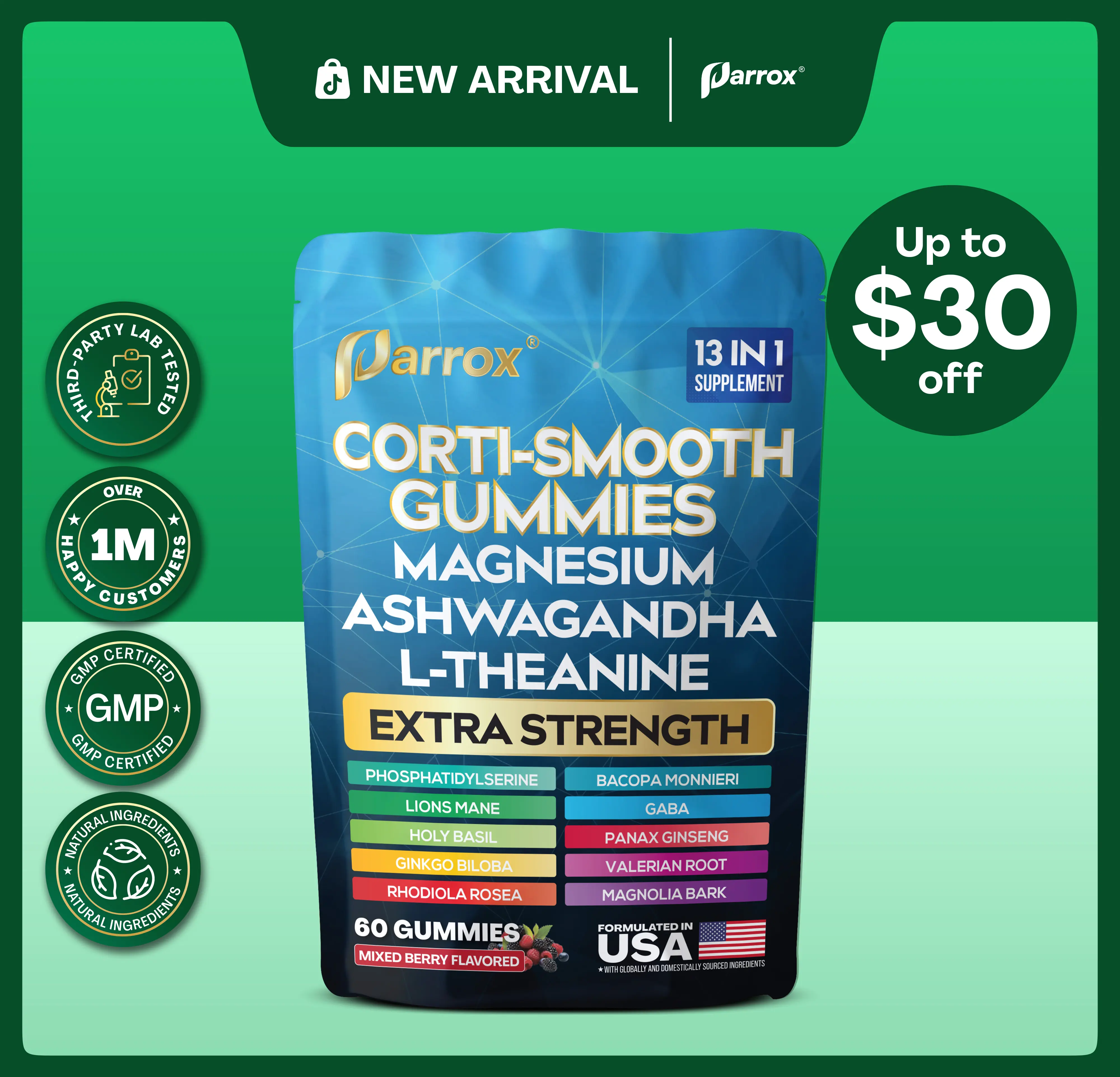 Parrox Magnesium Gummies (Mixed Berry Flavor) - Corti-Smooth 13-in-1 Supplement with L-Theanine, Lions Mane & More Natural Ingredients - Made in USA - (60 Gummies)