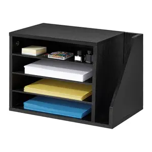 VEVOR Literature Organizer, 4 Compartments Office Mailbox with Detachable Shelves, Wooden Mailbox Sorter with Side Vertical Storage, Countertop Office Home Organizer for File, Document, Paper, Black