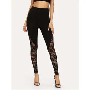 1pc Sexy High Waist Lace Pencil Leggings for Women - Polyester Floral Sheer Panel Skinny Summer Pants, Non-Woven Fabric, Solid Color, Slim Fit Fashion Bottoms