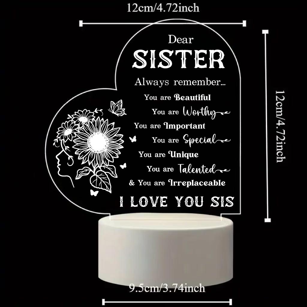 2D Heart Shaped Sister Night Light, Sunflower Decorative LED Table Lamp with Inspirational Quote, Personalized Birthday Christmas Gift for Sister, USB Powered Warm White Desk Lamp for Bedroom Living Room 2D Heart Shaped Sister Night Light, Sunflower Decorative LED Table Lamp with Inspirational Quote, Personalized Birthday Christmas Gift for Sister, USB Powered Warm White Desk Lamp for Bedroom Living Room