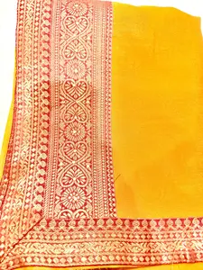 Yellow Georgette Saree with Red Zari Woven Border