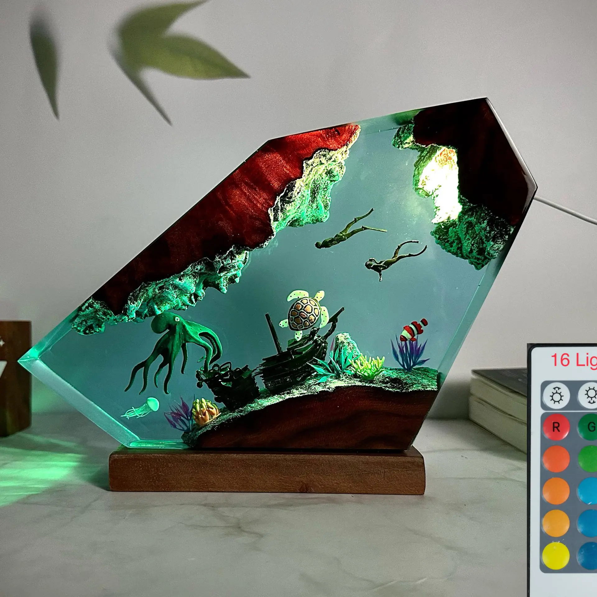 Ocean Resin Lamp, Octopus Night Light, Handmade Wooden Lamp, USB Bedside Light, Aesthetic Room Decor, Scuba Diver Gift, TikTok Trending Home Decor Atmosphere Lighting Decorative Mood Lamp