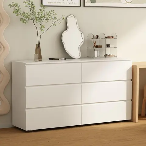 FUFU&GAGA No-Handle White 6-Drawer Chest - 15.7" Compact Freestanding Wide Room Storage Cabinet with 11.8" Deep Drawers, Modern Apartment Furniture, 2-Person Assembly Bedroom Dresser, Indoor Decor