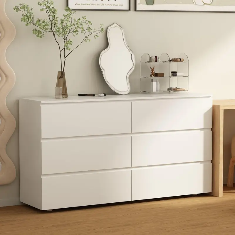 FUFU&GAGA No-Handle White 6-Drawer Chest - 15.7" Compact Freestanding Wide Room Storage Cabinet with 11.8" Deep Drawers, Modern Apartment Furniture, 2-Person Assembly Bedroom Dresser, Indoor Decor