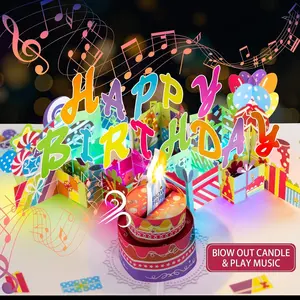 3D Pop-Up Musical Birthday Card, Deluxe LED Candle Cake card Decorative Card , Postcard Greeting Card, Birthday Gift Decoration, Suitable for Women, Men, Moms, Grandmas, Wives, Husbands, Children, Birthday Gift, Perfect Present Fun Party Cards