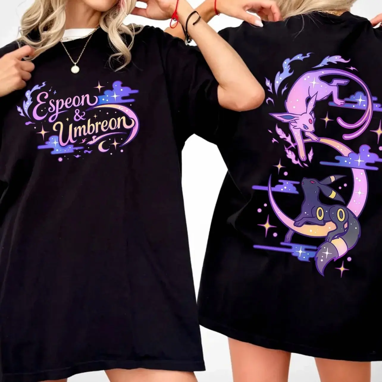 Espeon Umbreon Shirt, Espeon And Umbreon Two Sided Tee, Eevee Evolution Graphic T Shirt, Psychic Dark Type Fan Shirt, Kawaii Anime Tee QGR