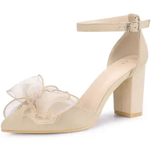 Allegra K Women's Bow Knot Pointed Toe Block Heel Pumps 9.5 Beige