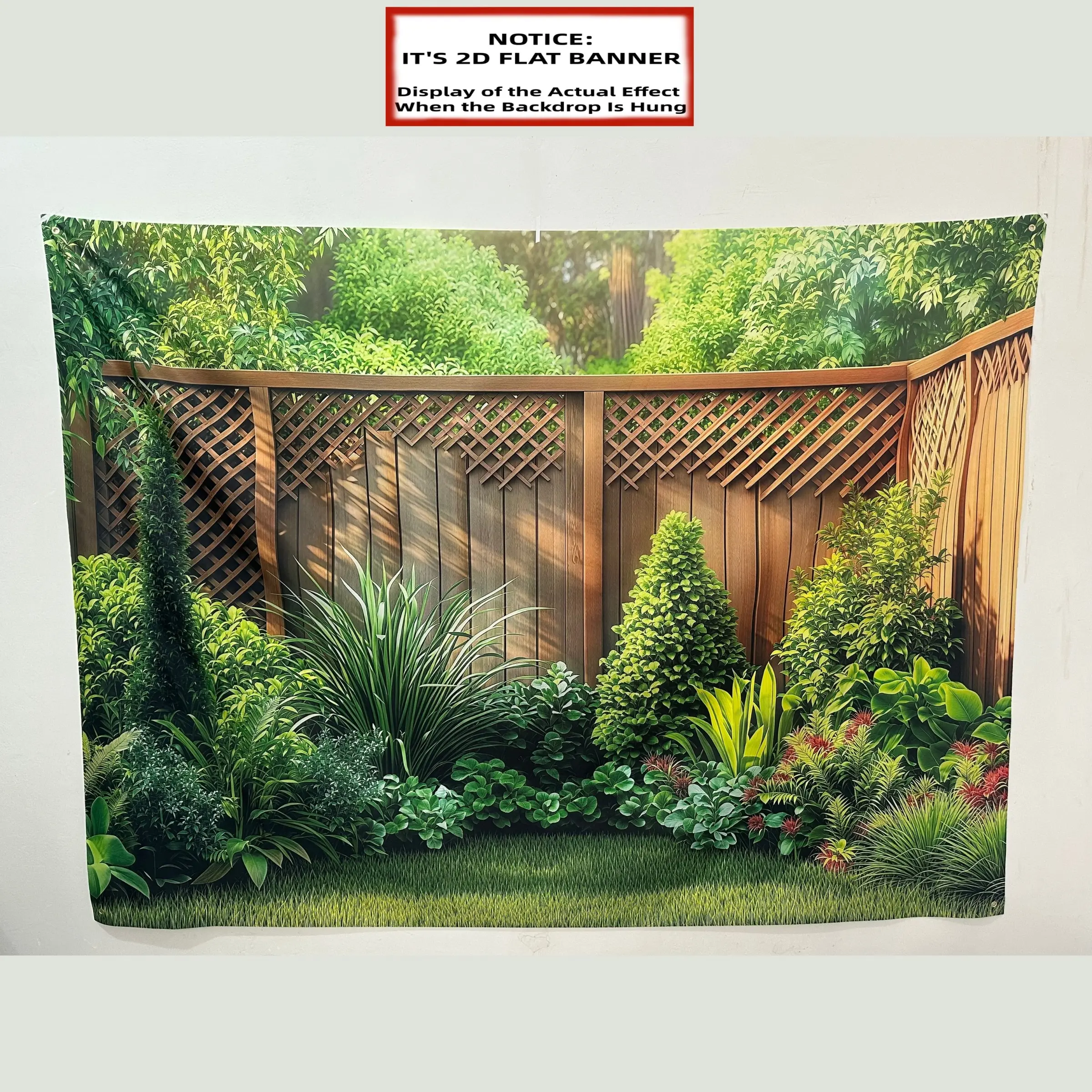 2D Flat Party Banner, Decorative Banner - Lush Green Garden Climbing Plants and Wooden Fence Design with Lattice Privacy Screen - Polyester Fabric Indoor/Outdoor Decoration for Weddings, Birthdays, Photo Shoots - Easy-to