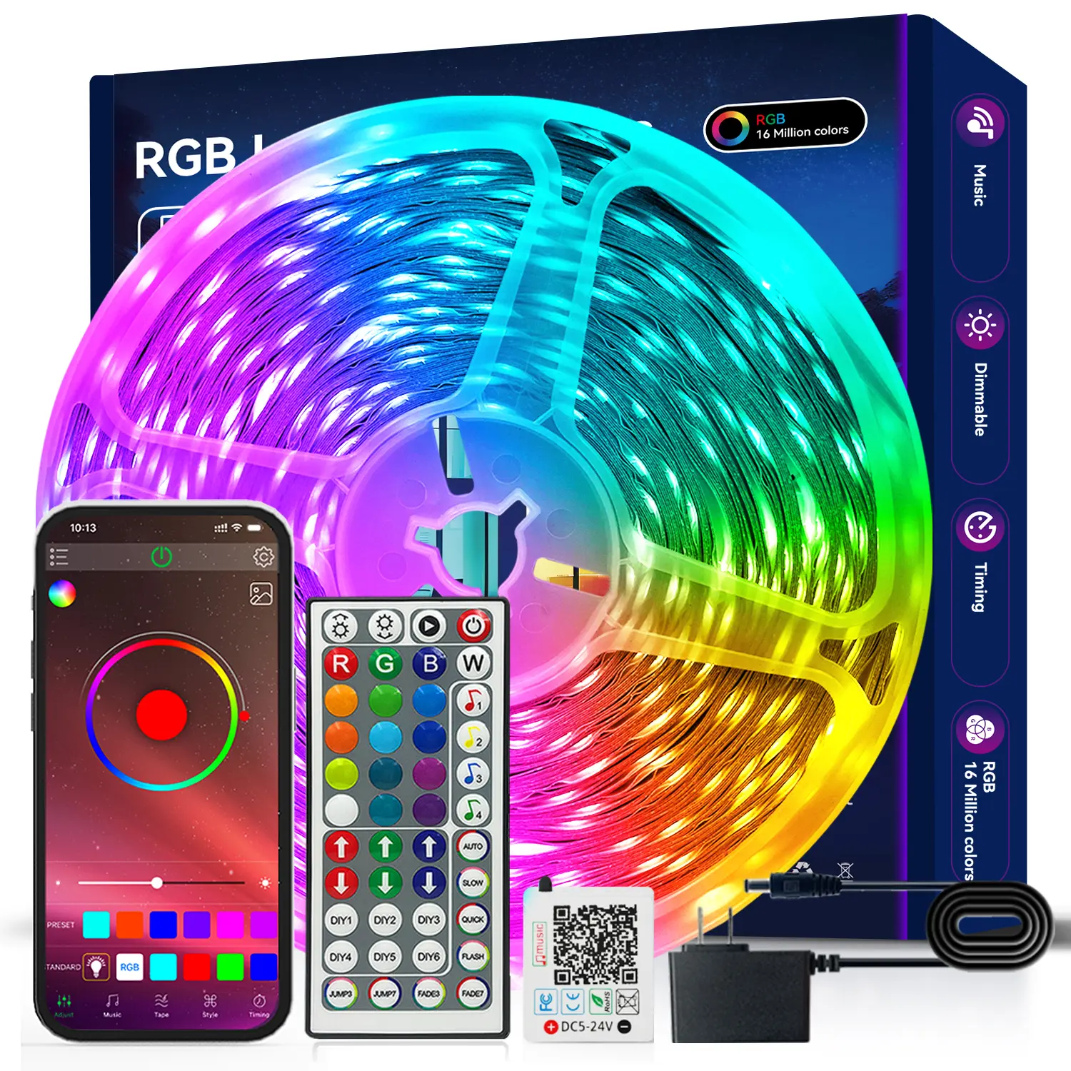 Smart LED Strip Lights Music Sync – RGB Color Changing with Remote and Smart Phone APP Control – 100FT / 50FT / 32.8FT /9.84FT for Bedroom, Home, Party Decor