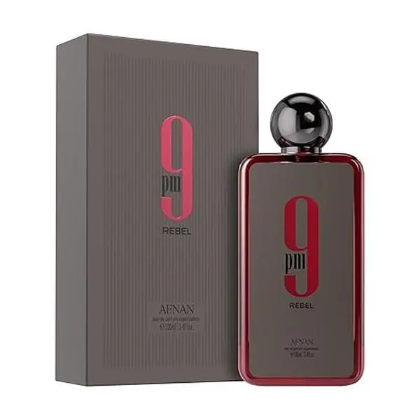 Afnan 9 PM Rebel Eau de Parfum Spray, a Long-Lasting Woody and Spicy Unisex Fragrance with Notes of Oud and Amber, 100 ml perfume (3.4 oz), Single Item, Aromatic Woody Scent, Evening Wear, Woody Blend