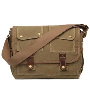 Ampere Creation Vintage "The Cassy" Leather Trim and Cotton Canvas Crossbody Messenger Bag - Stylish Khaki Canvas with Multiple Pockets - Perfect for Everyday Use