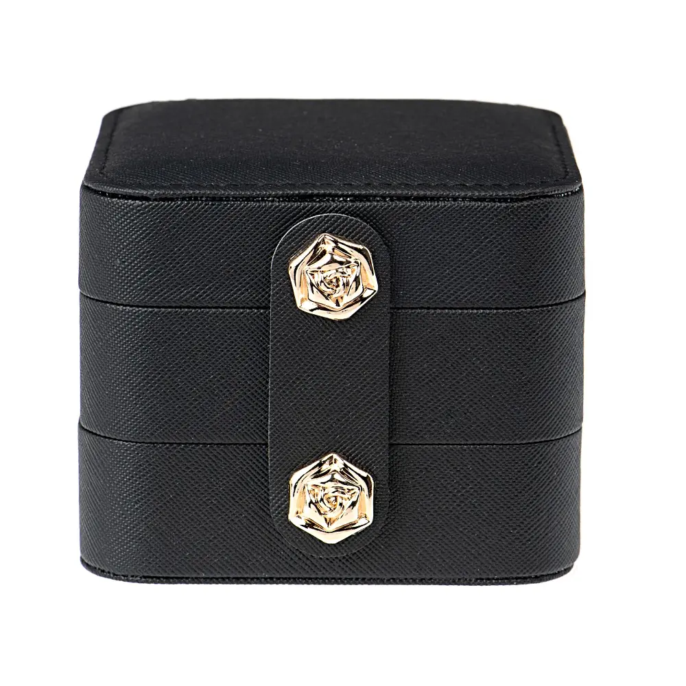 JTV Black 3-Layer Jewelry Organiser with Rose Snap Closure, Compact Home Storage Box (Approx. 3.75x3.75x3.15 in)