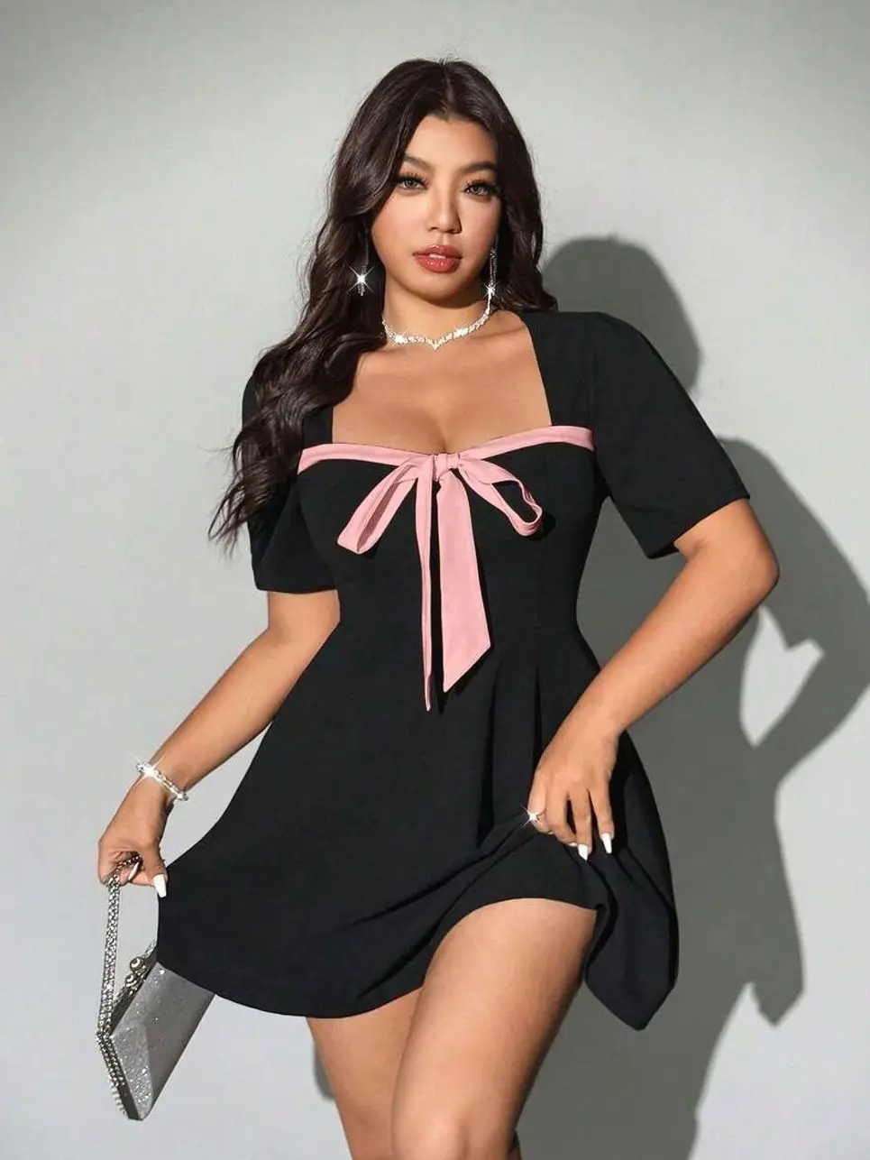 Women's Plus-Size Polyester Square Neck Black And White Checkered Bow A-Line Casual Dress for New Year, Halloween Parties