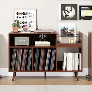 GiratreeFurniture Large Record Player Stand, Mid Century Vinyl Record Display Stand, Turntable Stand with Storage, Record Player Holder Up to 350 Albums, Record Vinyl Storage Cabinet for Living Room