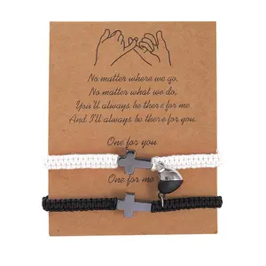 Couple Cross Heart Matching Bracelets - Adjustable Braided Rope Christian Faith Promise Jewelry, Adjustable for Partners, Valentine’s Day Baptism Gifts