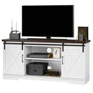 Farmhouse TV Stand for 65 Inch TV, Entertainment Center with Storage and Sliding Barn Doors, Modern Media TV Console TV Stands for Living Room Bedroom，Brown+White