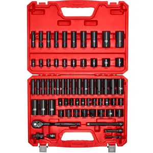 3/8 Inch Drive Impact Socket Set, 64-Piece, 6-Point Deep and Shallow Sockets, SAE 5/16 Inch To 1 Inch And Metric 6 To 24 Mm, Includes 3-Inch And 6-Inch Extension Bars, CR-V Steel With Durable Carrying Case