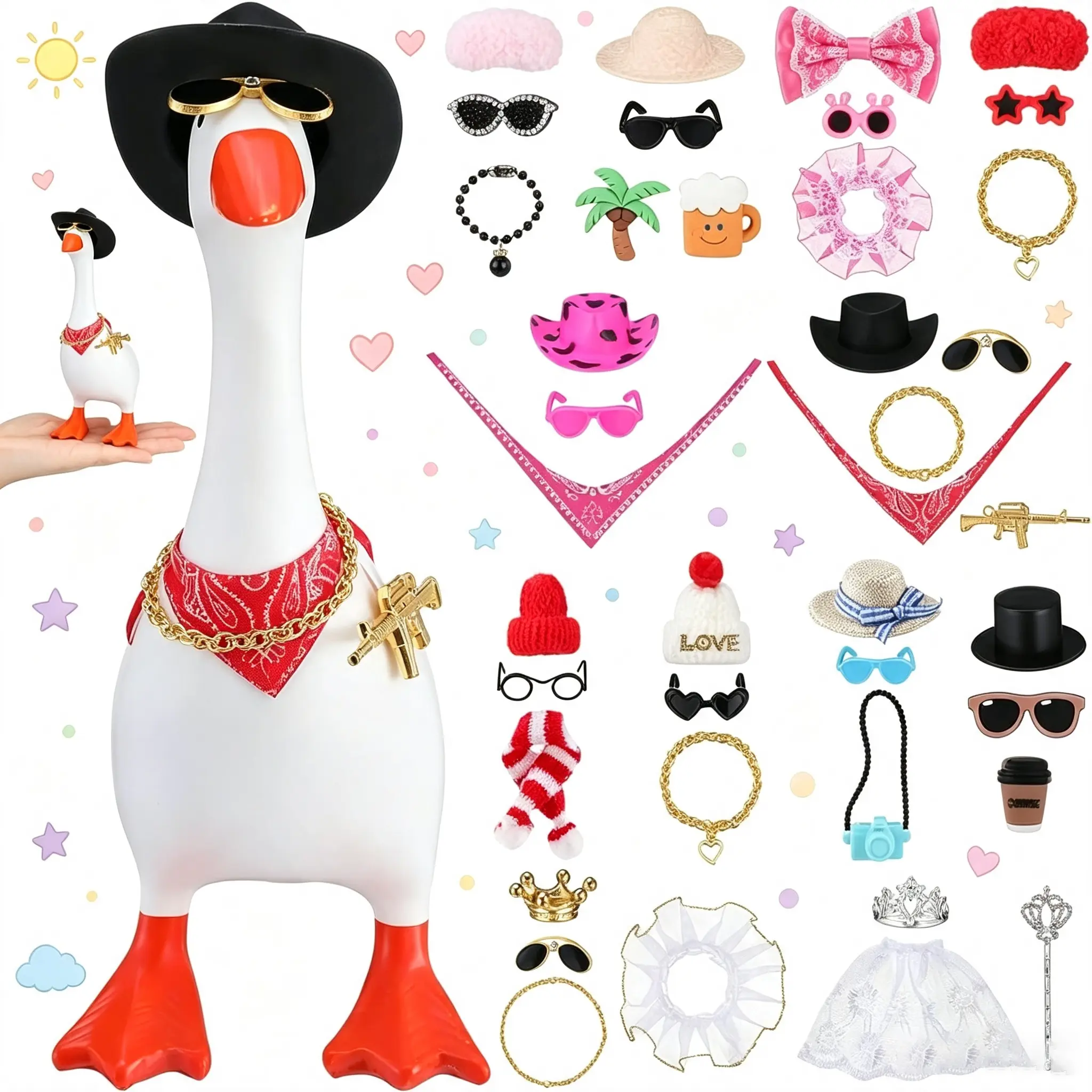 12 Sets Geese Theme Desk Goose Outfits for 7in Mini Desk Goose Figurine, Lightweight Costume Parts with Mini Hats, Necklaces, Dresses, Sunglasses – Desktop Accessories for Dress-Up Play, Magnetic Porch Geese Key Holder Decor Props & Gifts, Unisex