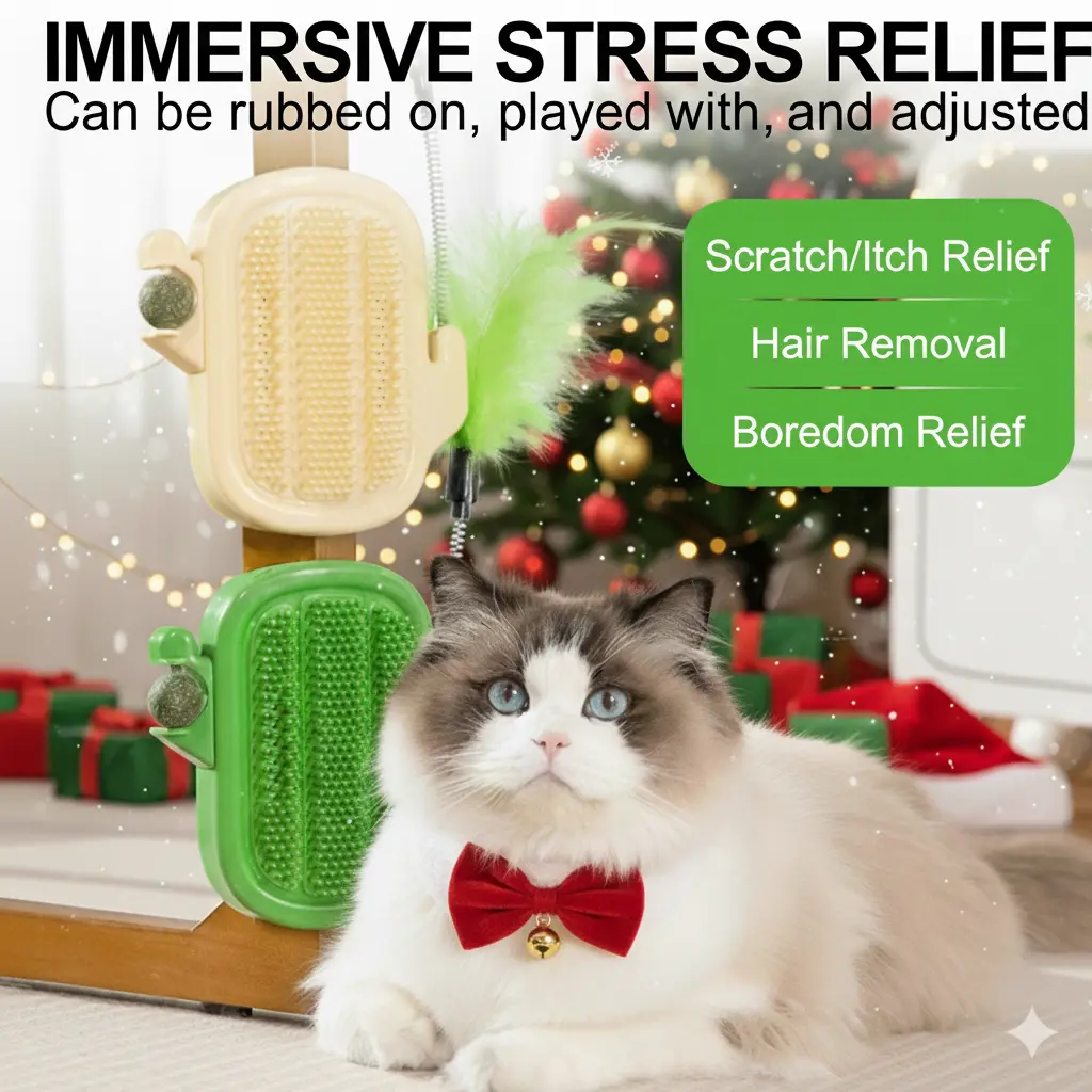 3-in-1 Cat Corner Groomer with Catnip - Grooming Supplies, Itchy Face Scratcher, Trimming Tool, Scratching Post Brush, Hair Removal, Table Leg-Mountable, Massage Comb, Chin & Cheek Targeting, Stress Relief, Simple Setup, Instant Play, Indoor Cats, Feather