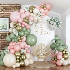 Baby in Bloom Balloon Arch Kit, 134Pcs Dusty Sage Green and Pastel Pale Pink Cream White Beige Light Gold Floral Balloon Garland for Girls Boho Baby Shower Flower Birthday Garden Tea Party Decorations