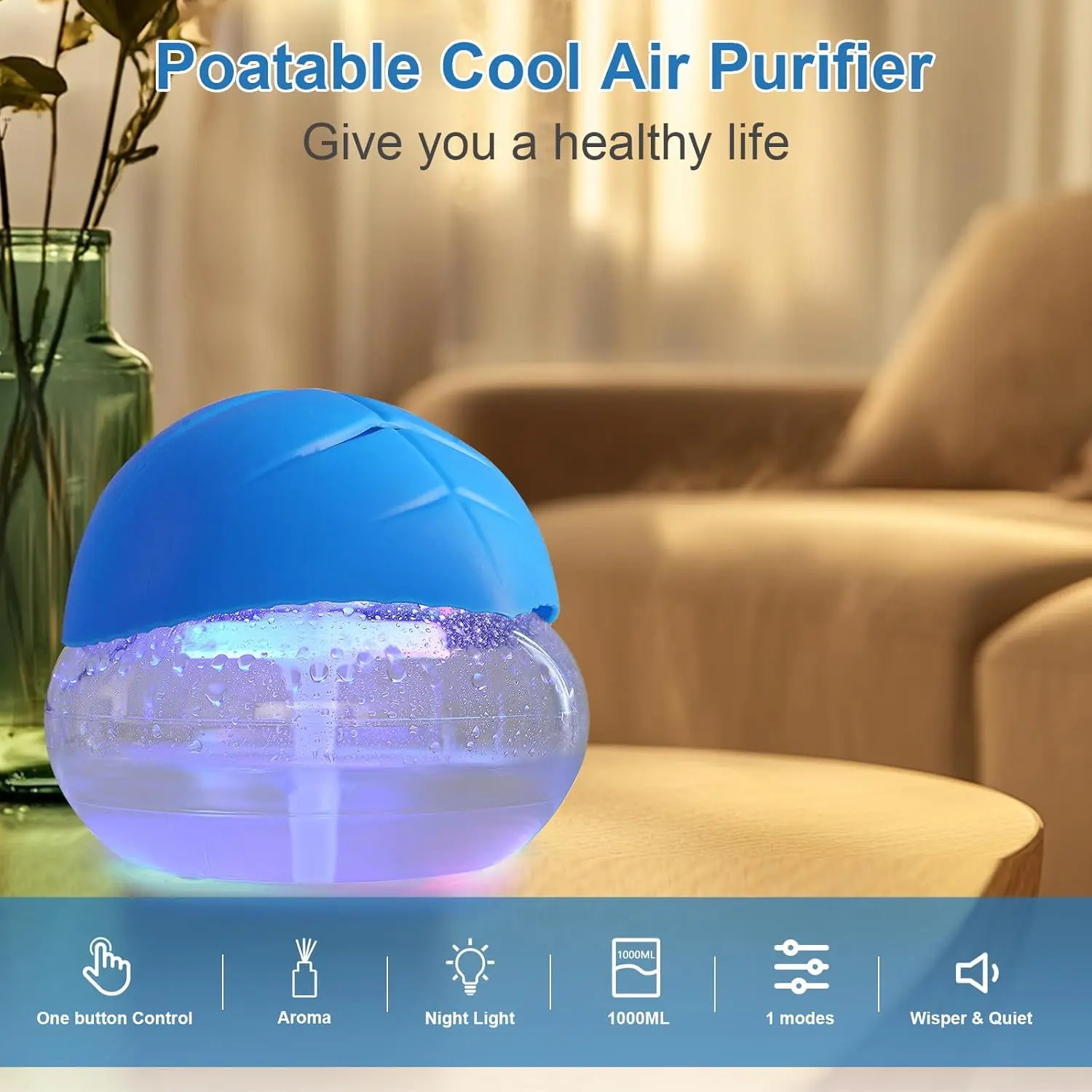 Water Air Purifier for Home with Essential Oil Diffuser & Humidifier, Rainbow Air Washer with LED Mood Light- Air Revitalizer for Smoke and Pets