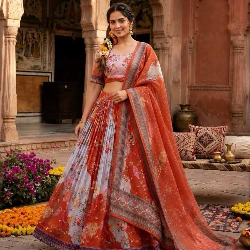 NEW ARRIVAL TABBY SILK DIGITAL PRINTED WITH EMBROIDERY WORK LEHENGA CHOLI WITH DUPATTA RED
