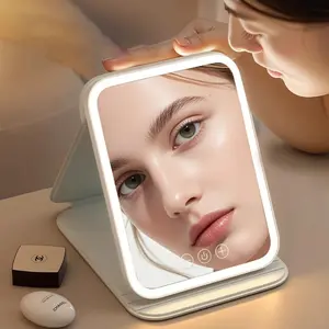 Portable Folding Makeup Mirror, USB Rechargeable LED Makeup Mirror with 3 Light Modes, Touch Screen Mirror for Home & Travel