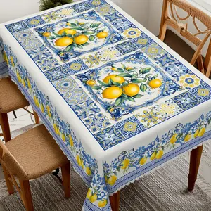 Tablecloth in French Vintage Style Featuring a Tile Mosaic of Lemons And Flowers, Designed to Bring a Fresh And Natural Look. This Versatile Tabletop Decoration Is Perfect for Summer Meals, Gatherings, And Home Styling