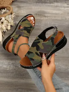 Camouflage Breathable Canvas Women's Sandals, Soft Sole Wedge Comfortable, Adjustable Buckle Design, Casual Daily Wear, Cool and Comfortable