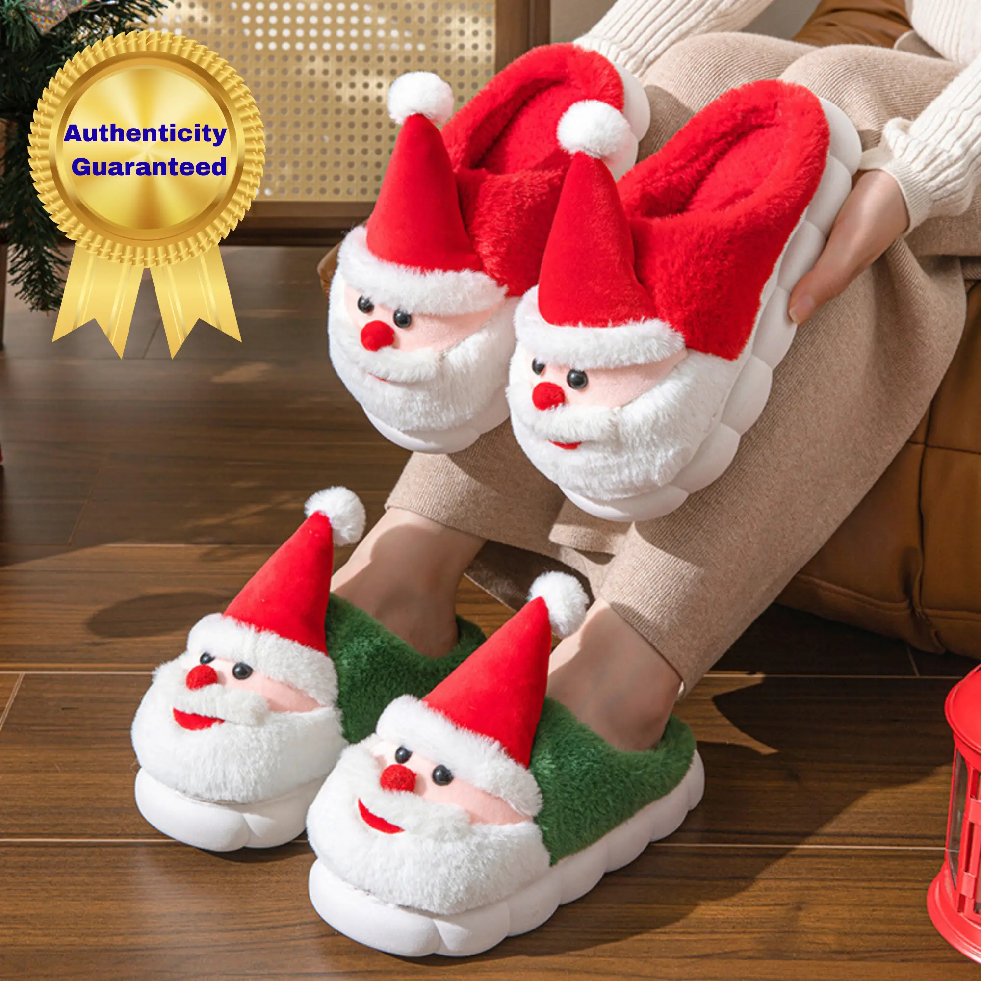 Unisex Christmas Santa Claus Slippers for Men Women, Cute Indoor Anti-Slip Thick Sole Plush Warm Cotton Couple Shoes, Cartoon Closed-Toe Cotton Slippers, Fall Winter Home Footwear, Christmas gift