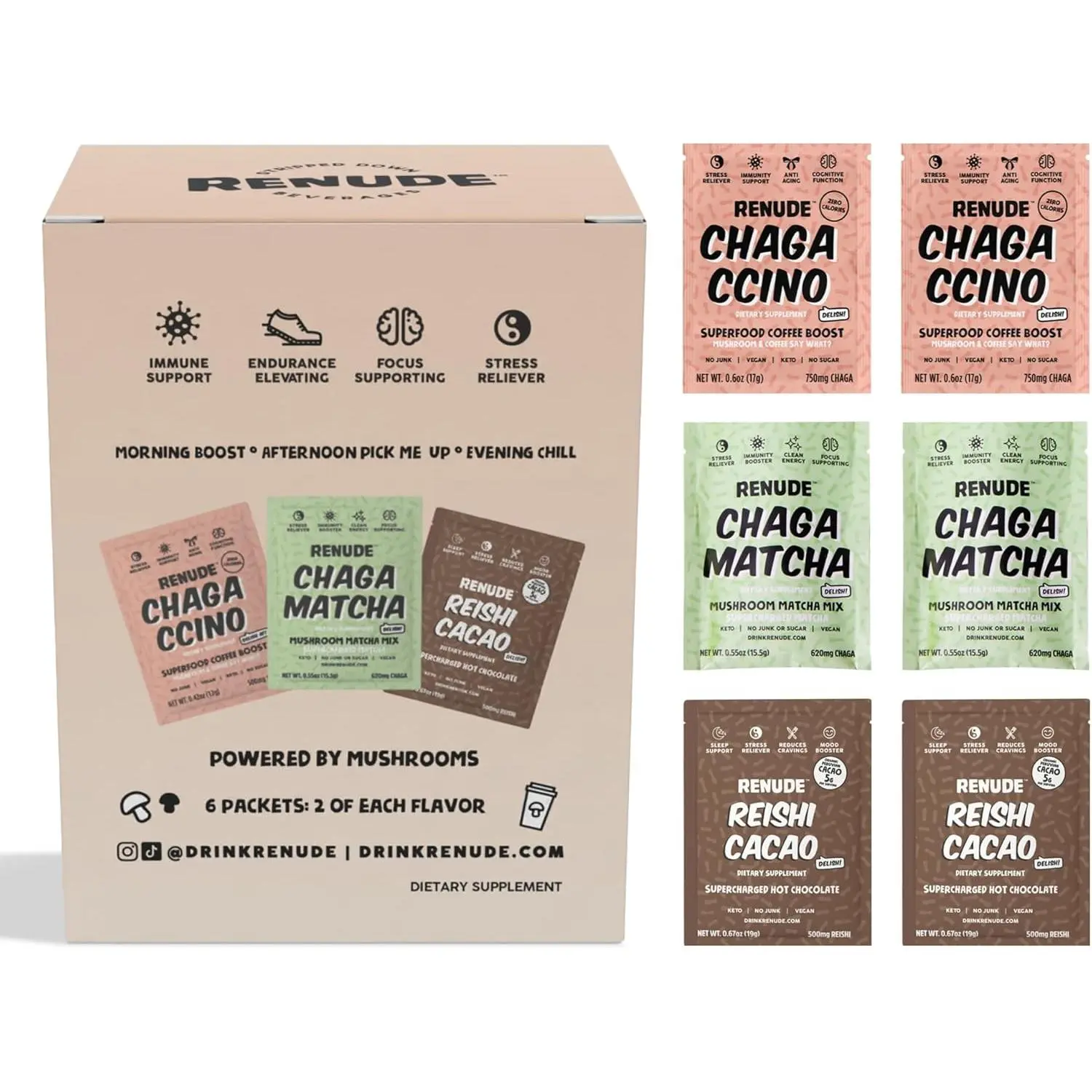 Variety Pack - Mushroom Matcha, Coffee & Hot Chocolate, Cacao Powder, Natural Vegan Superfoods, Coffee Alternative with Chaga & Reishi - 2 Chagaccino, 2 Chaga Matcha, 2 Reishi Cacao (6 Count)