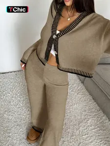 Women's V-Neck Colorblock Sweater Set, Casual Loose-Fit Crop Top & High-Waist Wide Leg Pants, Fall Winter Knitted Set, Womenswear