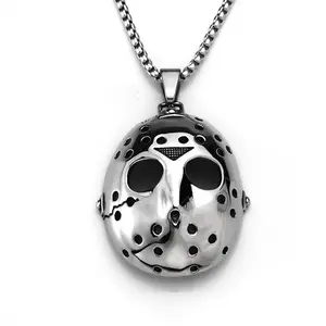 Men's stainless steel Jason mask openwork pendant necklace with dragon bone chain, punk trend style, men's jewelry gift.