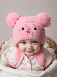 Newborn Knit Hat for Babies 1-3 Years Old, Embroidered Double Ball Design, Warm Winter Beanie for Outdoor Use, Casual Style, Bonnet with Bunny Ears