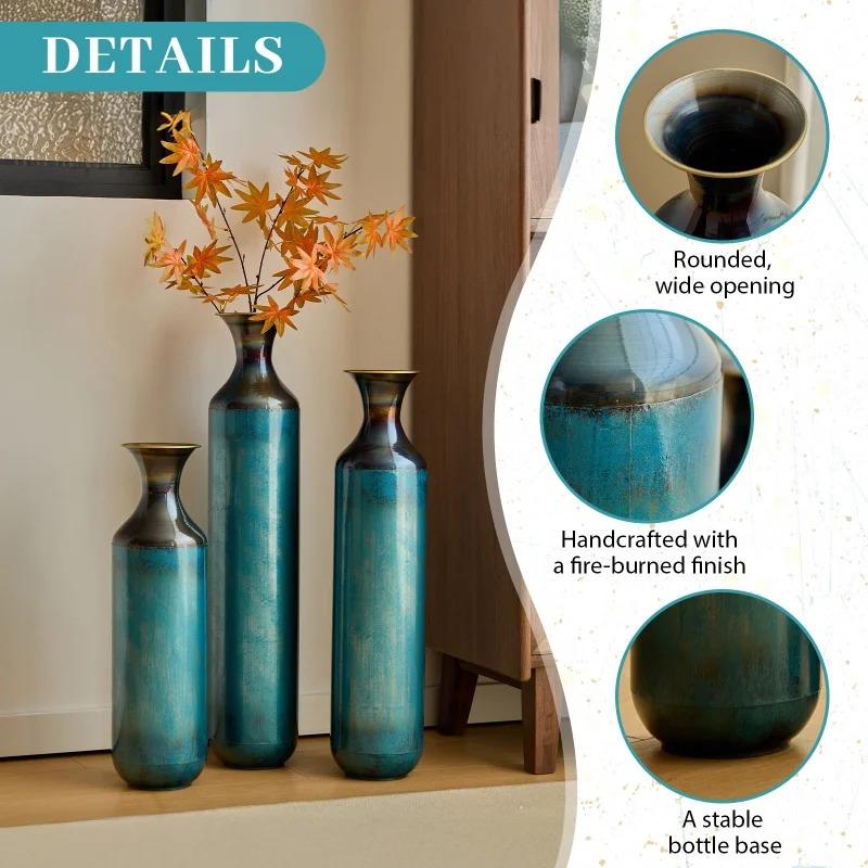 USA Stock Torch-Fired Metal Rustic Flower Vases Set 3 Tall Blue Burnt Finish High Quality Floor Vases for Farmhouse Living Room