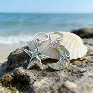 2PCS Vintage Bohemian Moon Double Star Irregular Dangle Earrings Antique Silvery Copper Unisex for Daily Wear Dating Party Gifting Child Birthday handmade wedding rings