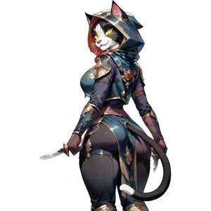 Detailed Furry Cat Rogue RPG Sticker with Teal Hooded Cloak & Dagger, Unique detailed Fantasy Art Decal for Laptops, Skateboards