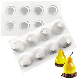 3D Pear Mousse Cake Silicone Mold, 8 Cavity Realistic Fruit Baking Mould, Non-Stick, Reusable and Easy to Clean Bakeware for DIY Desserts & Cakes Decoration, Kitchen Accessories, Baking Utensils Supplies, for Home Kitchen Baking