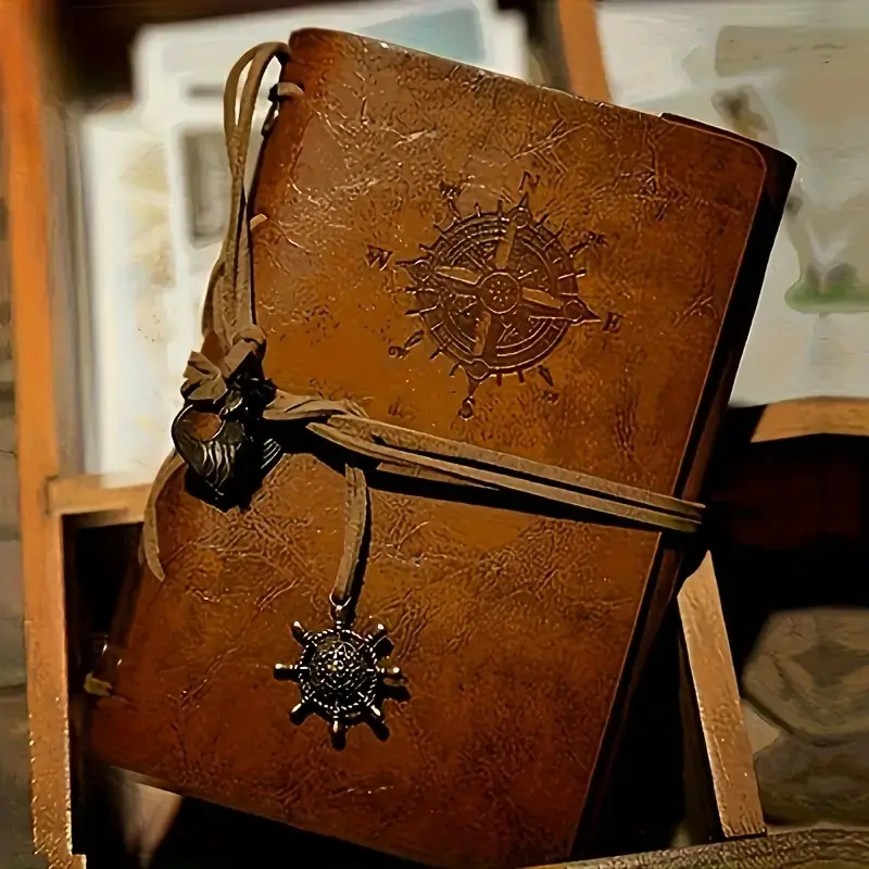 Retro Pirate Theme PU Leather Journal, Vintage Leather Journal, Travel Diary with Metal Clasp & Spiral Binding, Antique Compass Design, Hard Cover Writing Notebook