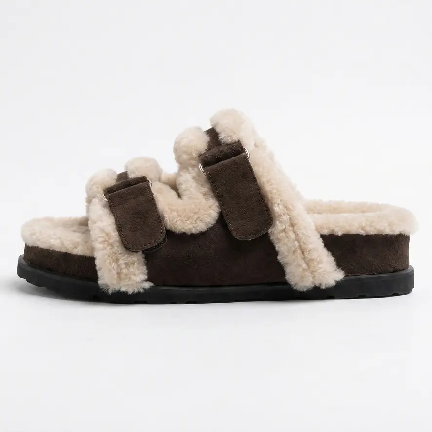 ReneChristine Retro Women Fluffy Lined Platform Slides, Adjustable Dual Buckle Open Toe Casual Fashion Slippers