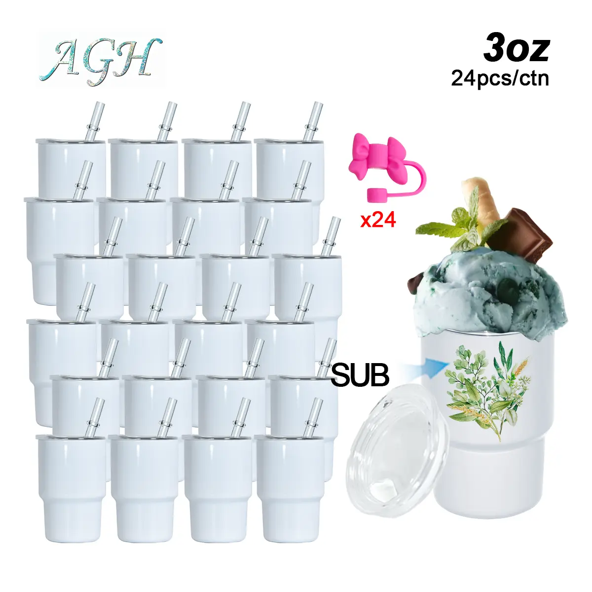 AGH US 24pcs/ctn 3oz White Mini Tumbler Sublimation Blank Tumblers Stainless Steel Mini Shot Glasses with Lids for Wedding Party Whiskey Cocktail Bar