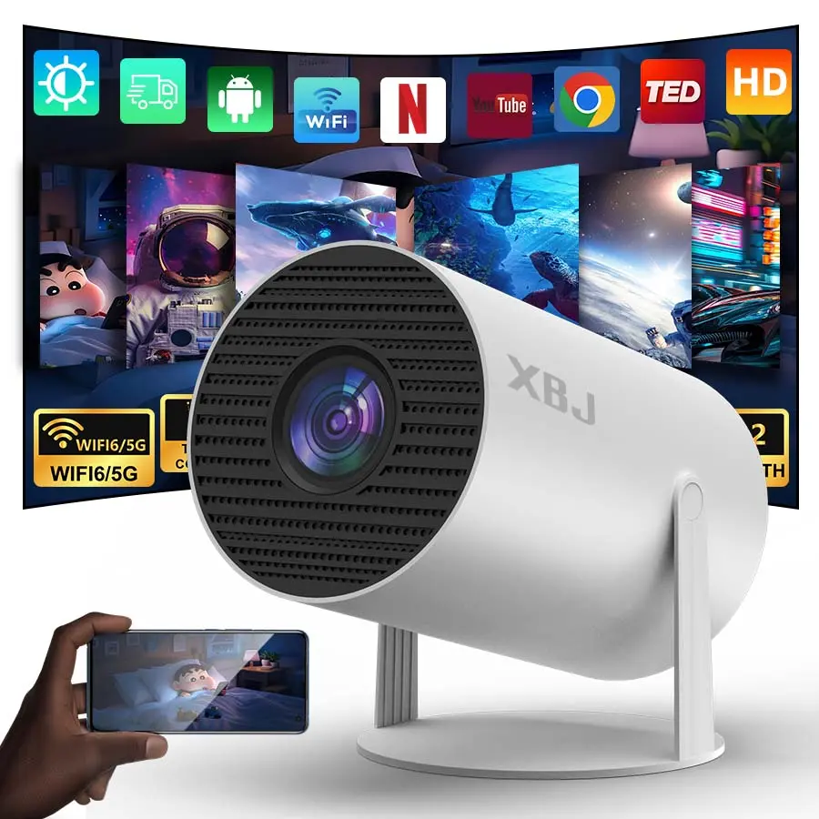 XBJ Mini projector, 300ANSI with Android 12 system built in, equipped with Wifi and Bluetooth5.4 functions, supporting keystone correction and 4K decoding, 180-degree rotation, short-throw projector. For home/outdoor use BLACK FRIDAY summerwins