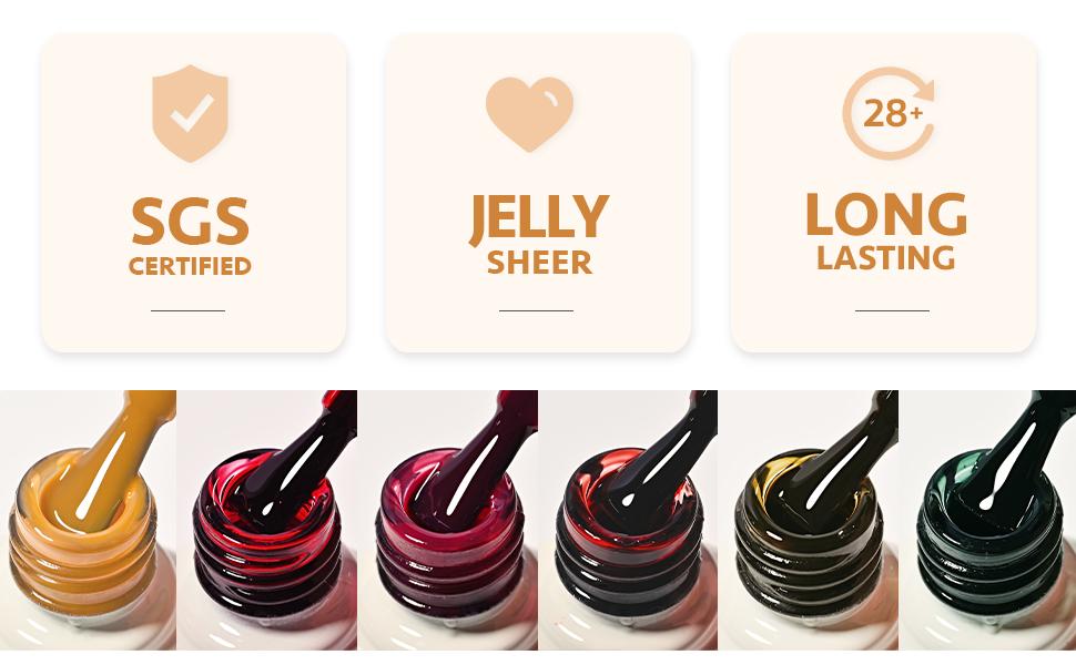 Gaoy Wonder Color Jelly Gel Nail Polish Kit, 6 Transparent Sheer Shades (Black, Red, Hot Pink, Green, Brown) for Salon Manicure & Home Nail Art DIY