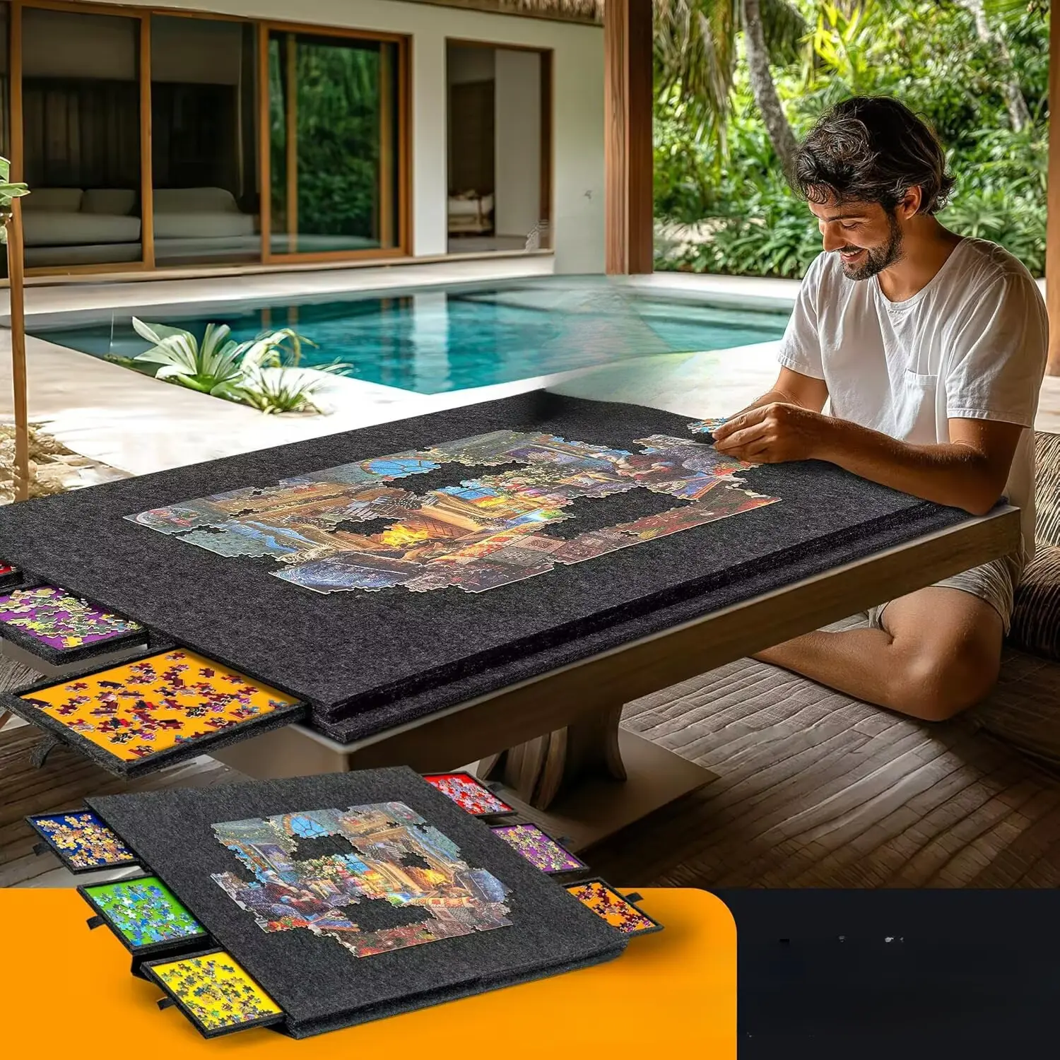 Lightweight Felt DIY Puzzle Board Package for 2000-Piece Puzzles - Slanted Design, 6 Colored Drawers, 2-in-1 Stand & Cover, Portable, Ideal for Adults